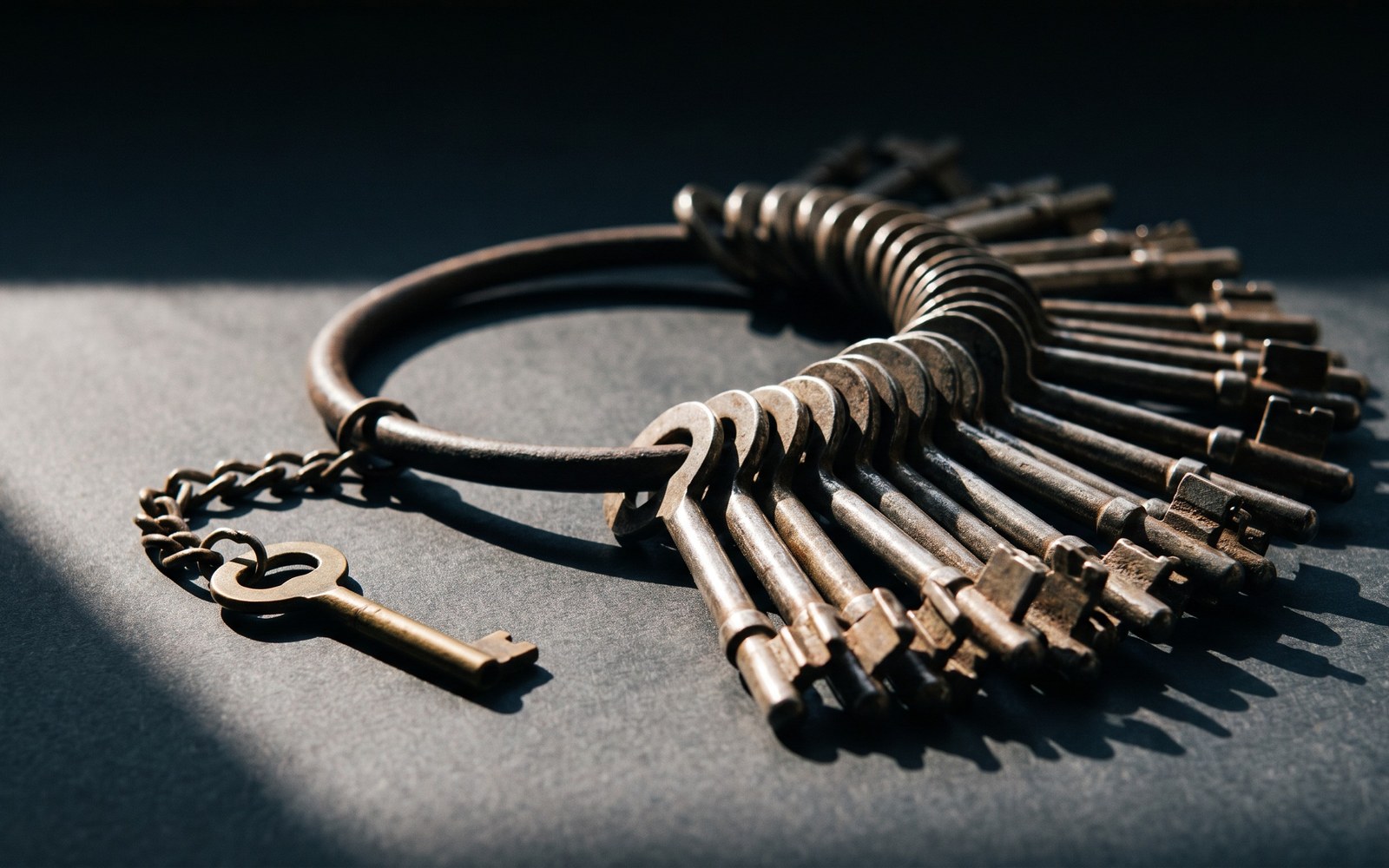 A single small brass key on a short chain next to a massive, discarded ring holding dozens of identical master keys