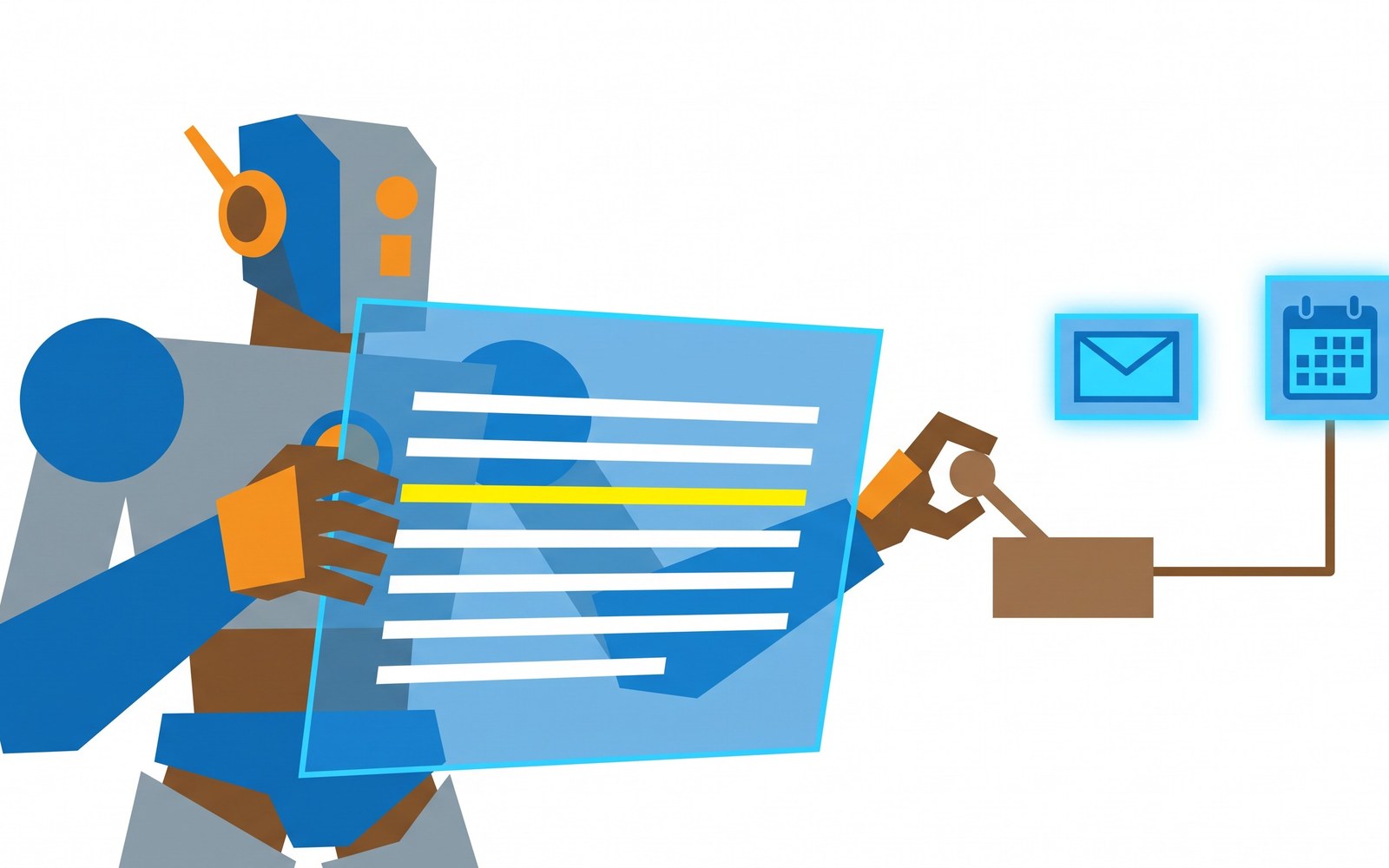 A robotic browser-agent character reading a glowing webpage where a hidden line of faint, injected text blends into the normal content, while the agent's other hand is already reaching toward a lever connected to a real inbox and calendar it controls