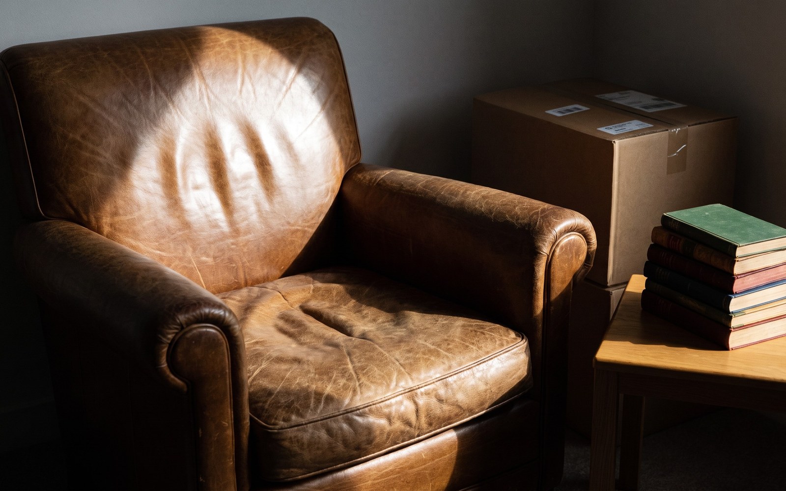 A worn armchair with a deep sunken cushion sitting in warm sunlight beside a sealed, unopened cardboard box