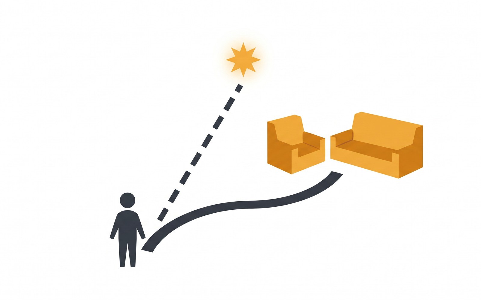 A figure at a fork in the path: a dashed line leads to a glowing goal in the distance, while a solid curving path leads instead to a comfortable couch
