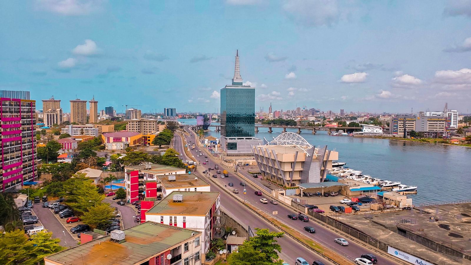 Aerial view of the Lagos, Nigeria skyline at dusk
