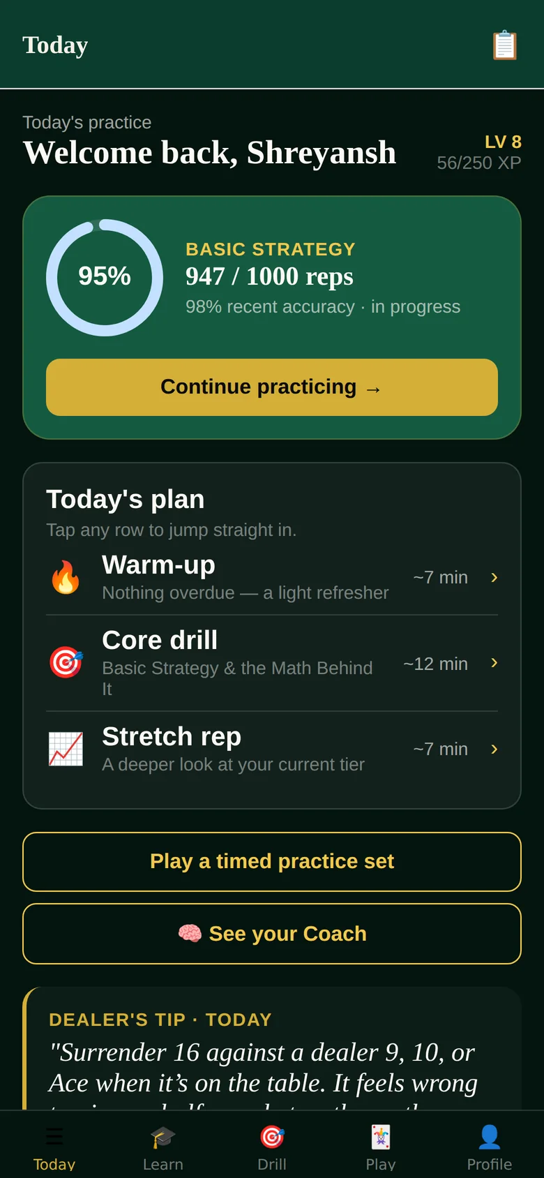 The Today screen — mastery progress and the day's practice plan