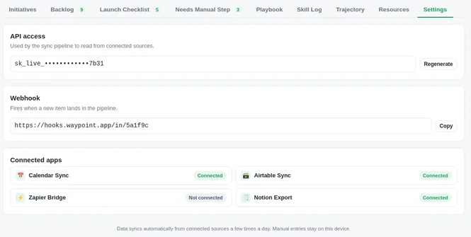 Settings — a masked API key, a webhook URL, and connected-app status