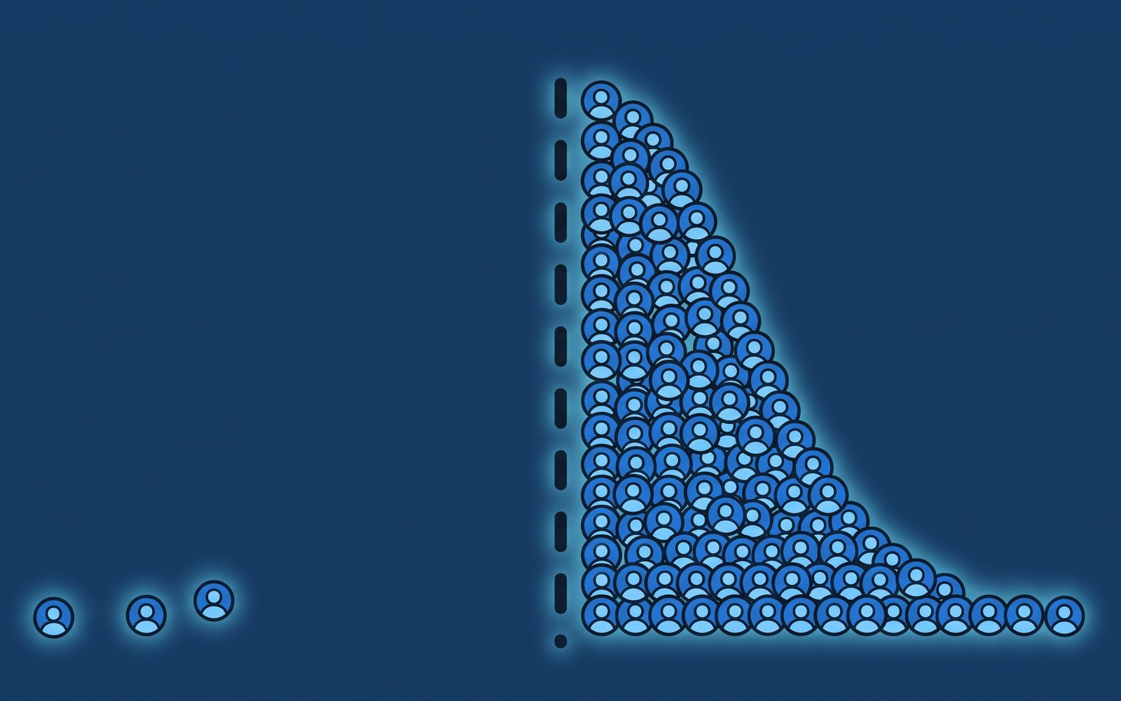 A crowded bell curve chart where nearly every person icon has placed themselves to the right of the median line, an impossible distribution rendered in soft glowing dots