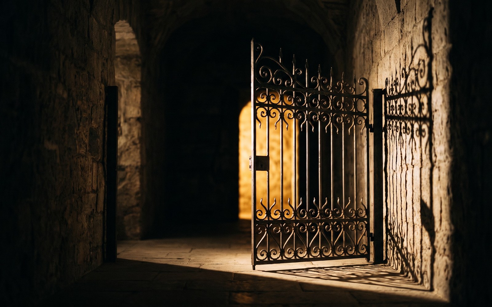 An ornate iron gate standing alone in a dark hallway, partially open with warm light glowing through