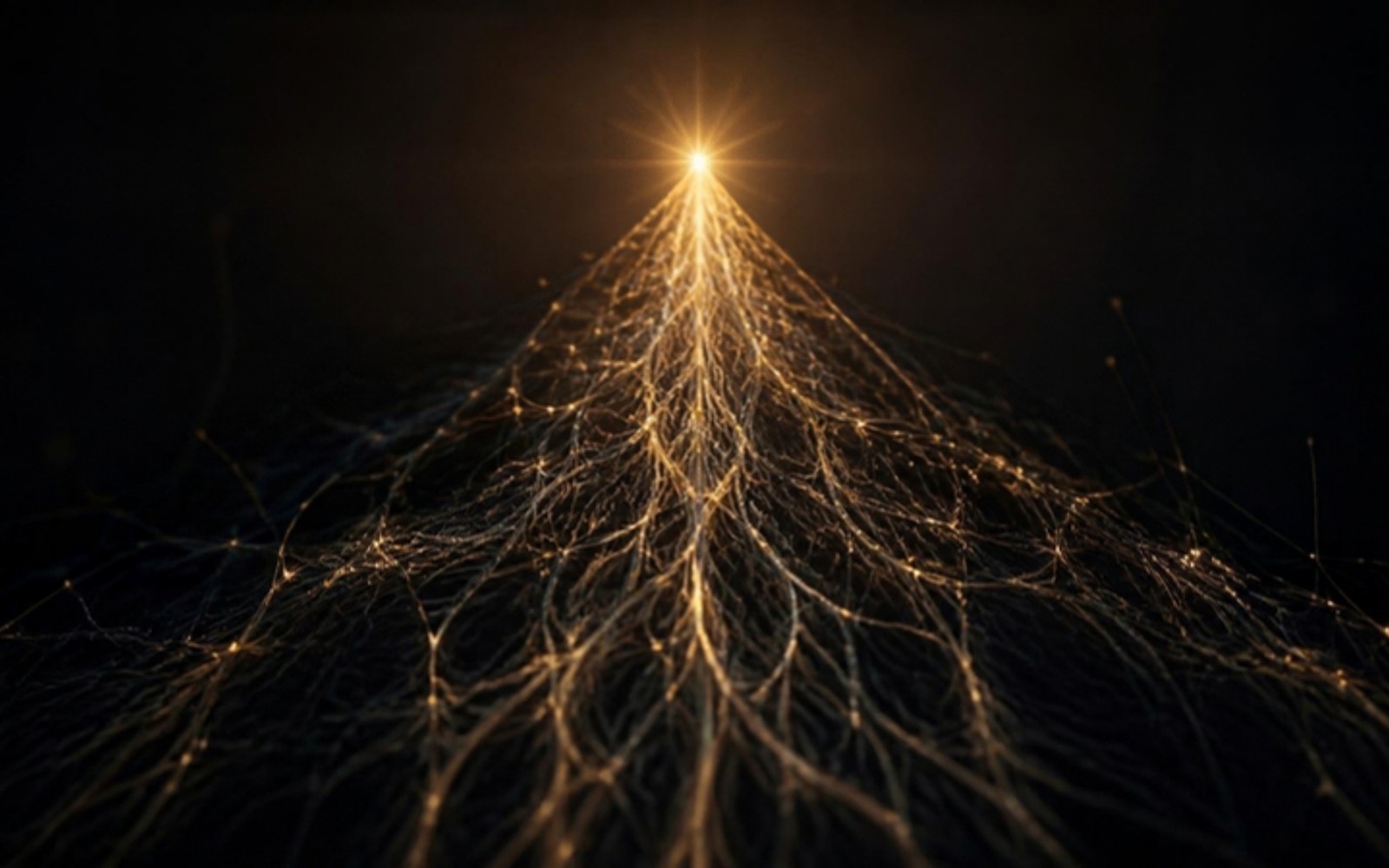 A single point of golden light at the apex of a branching, root-like tree structure of glowing threads against total darkness