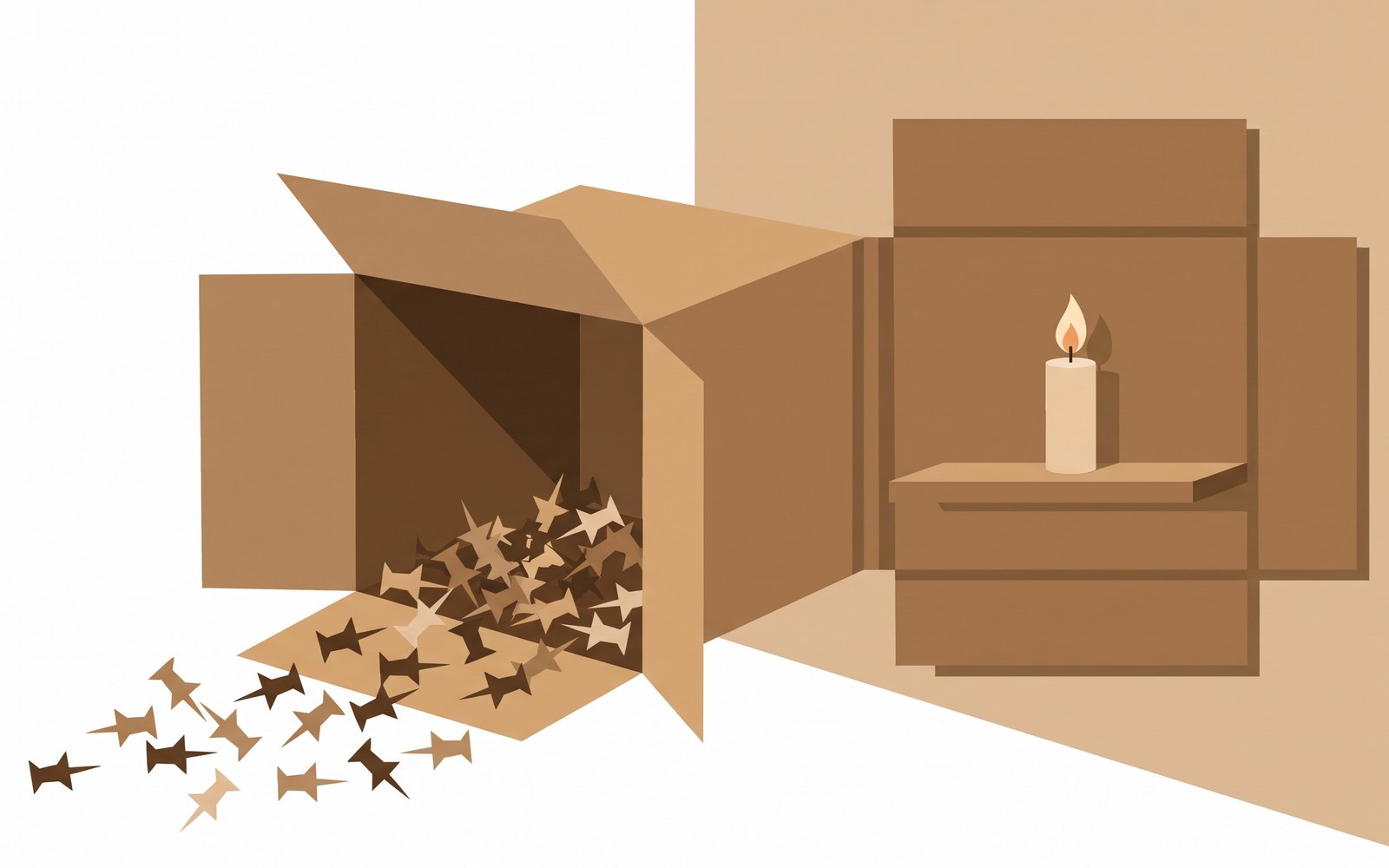 A cardboard box mid-transformation, one half still spilling loose thumbtacks like an ordinary container, the other half already emptied and mounted flat against a wall as a small shelf holding a lit candle