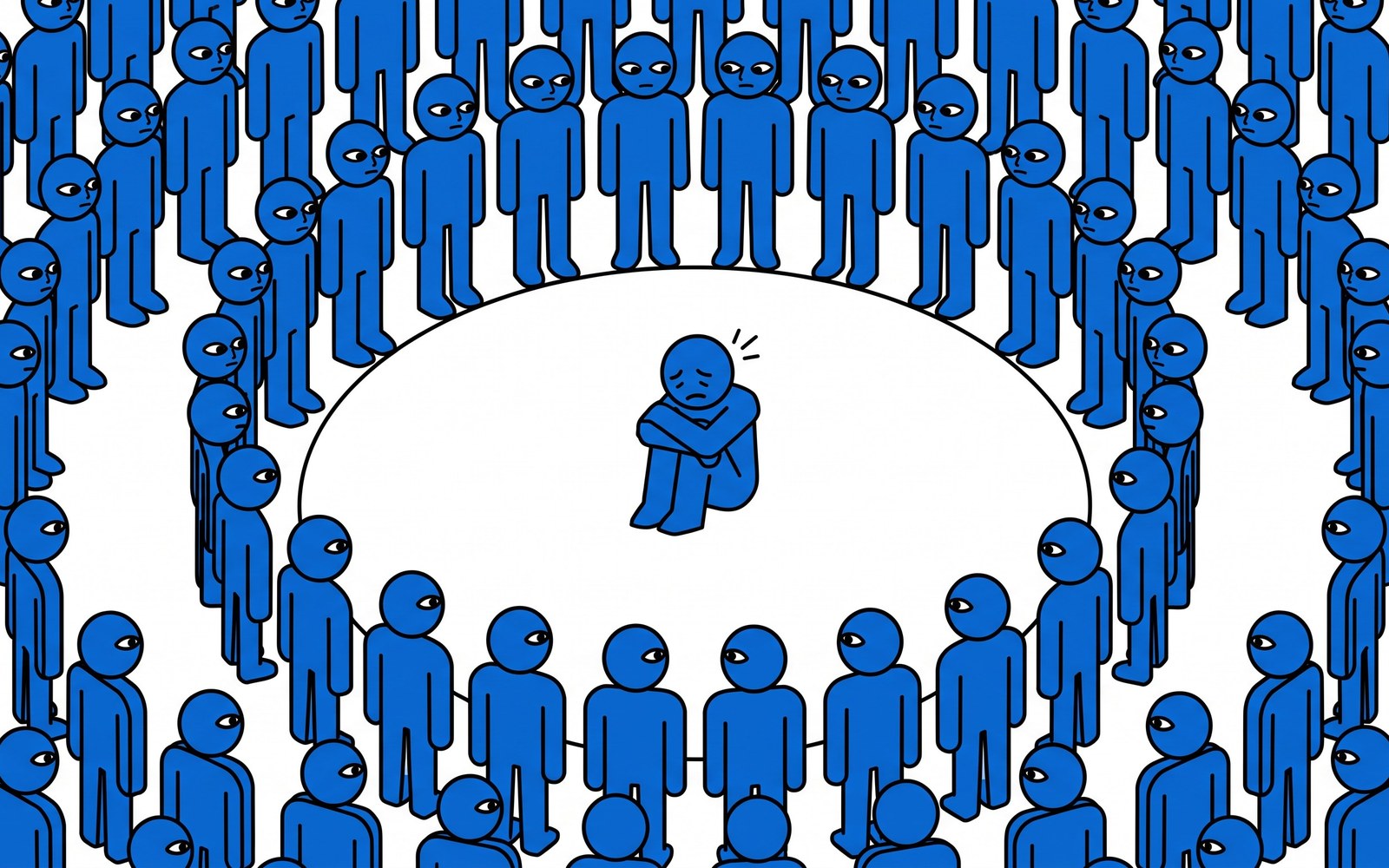 A person in need at the center of a large ring of onlookers, each one glancing sideways at the others instead of stepping forward, all waiting for someone else to move first