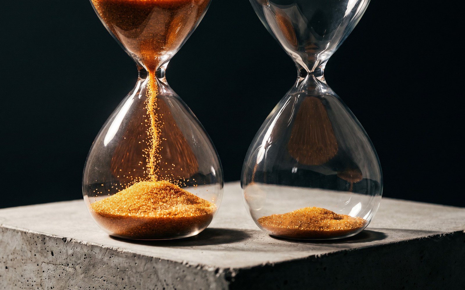 Two mirrored hourglasses side by side, one filled with countless glowing grains of sand still falling, the other nearly empty and still