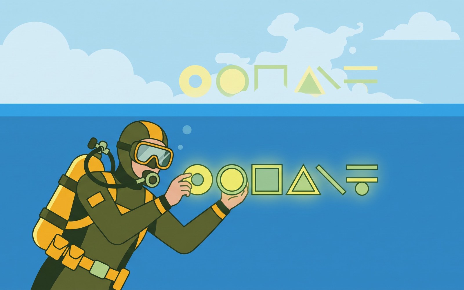 A scuba diver reading a list of glowing words suspended underwater, the same words faintly echoed and dissolving in the air above the surface of the water