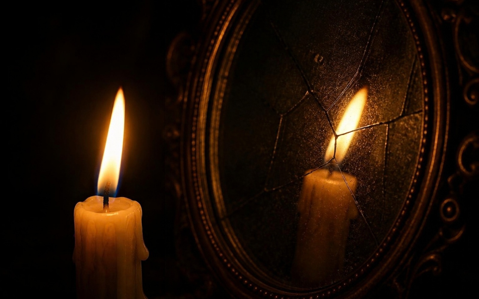 Macro photograph of a lit candle reflected in an antique cracked mirror, the reflected flame leaning at a slightly different angle than the real one
