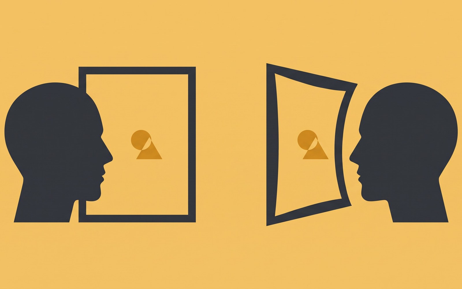 Two silhouette profiles facing each other, each looking through a different pane of glass — one clear, one warped — at the same shape between them