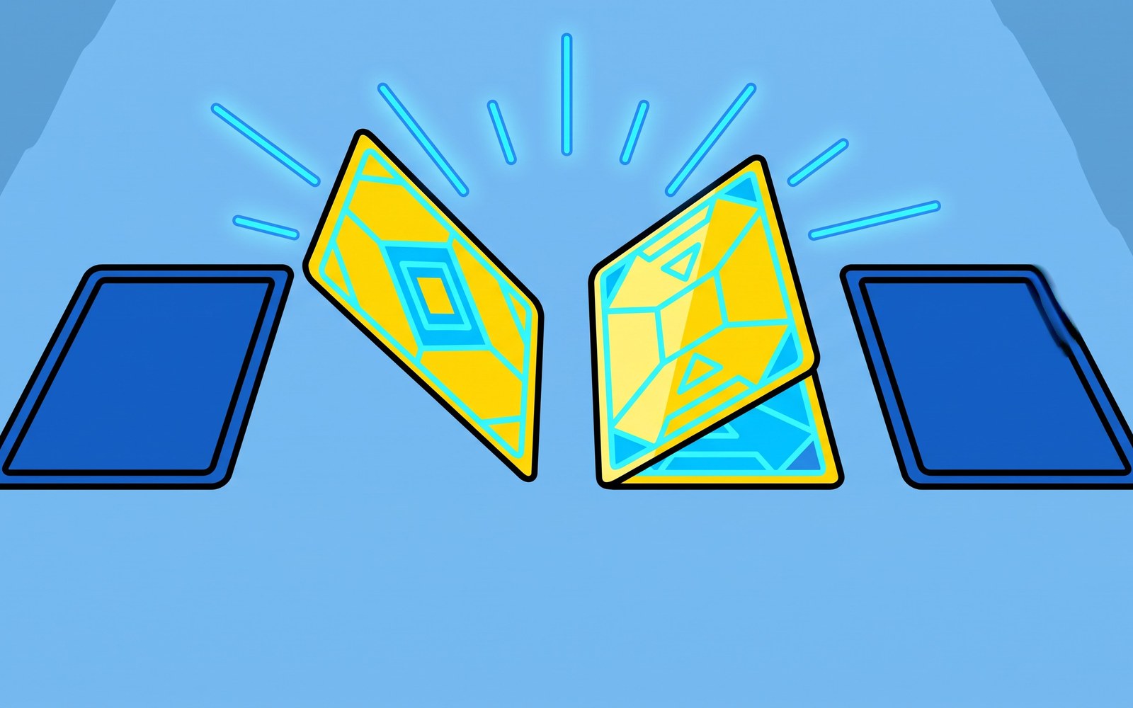 Four face-down playing cards on a table, two of them glowing and flipping upward to reveal themselves while the other two remain dark and untouched, suggesting a hidden logical rule being tested
