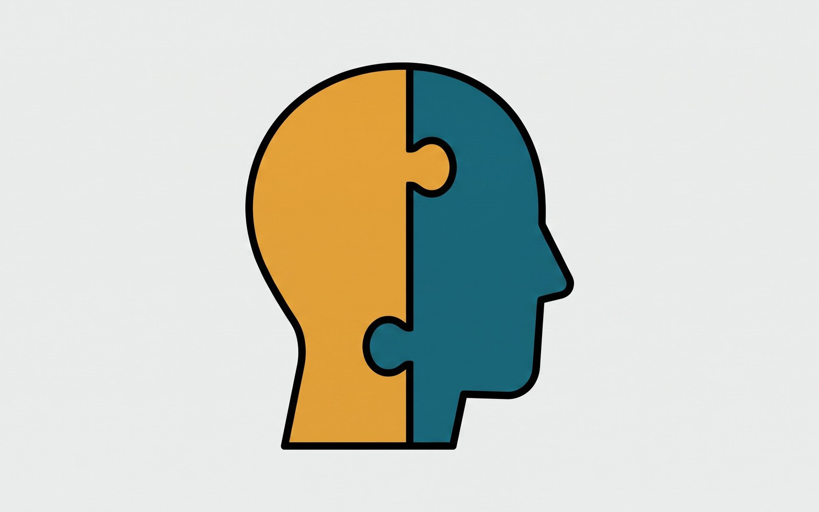 A human head in profile split into two different colored halves joined by a visible seam, like two puzzle pieces fused together