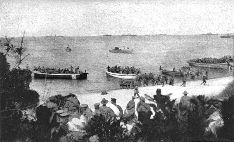 Australian infantry and an Indian mountain battery landing together at ANZAC Beach, Gallipoli, 8am on April 25, 1915.