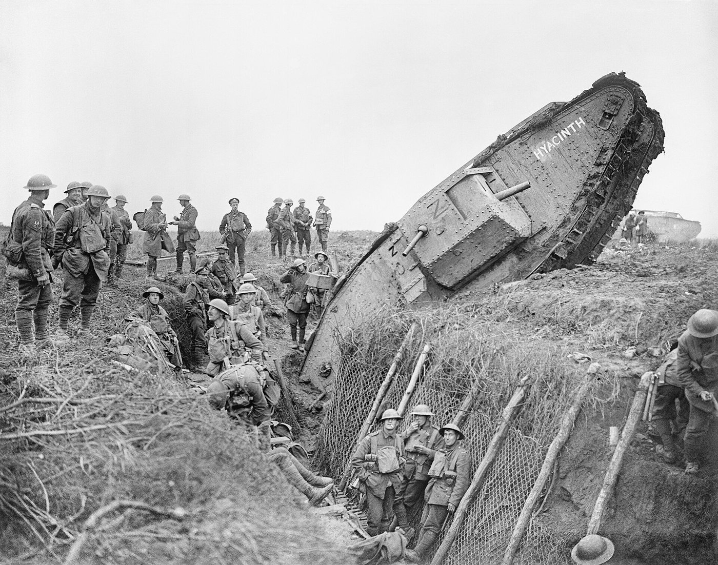 A British Mark IV tank named 'Hyacinth' ditched in a captured German trench near Ribecourt during the Battle of Cambrai, November 20, 1917.