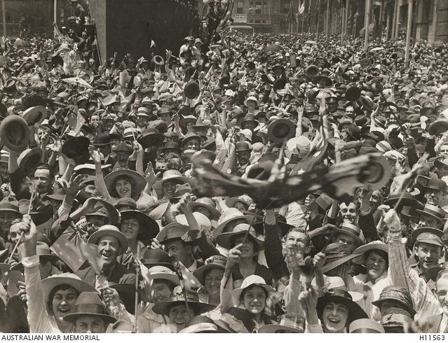 A crowd filling Martin Place, Sydney, celebrating the Armistice on November 11, 1918.