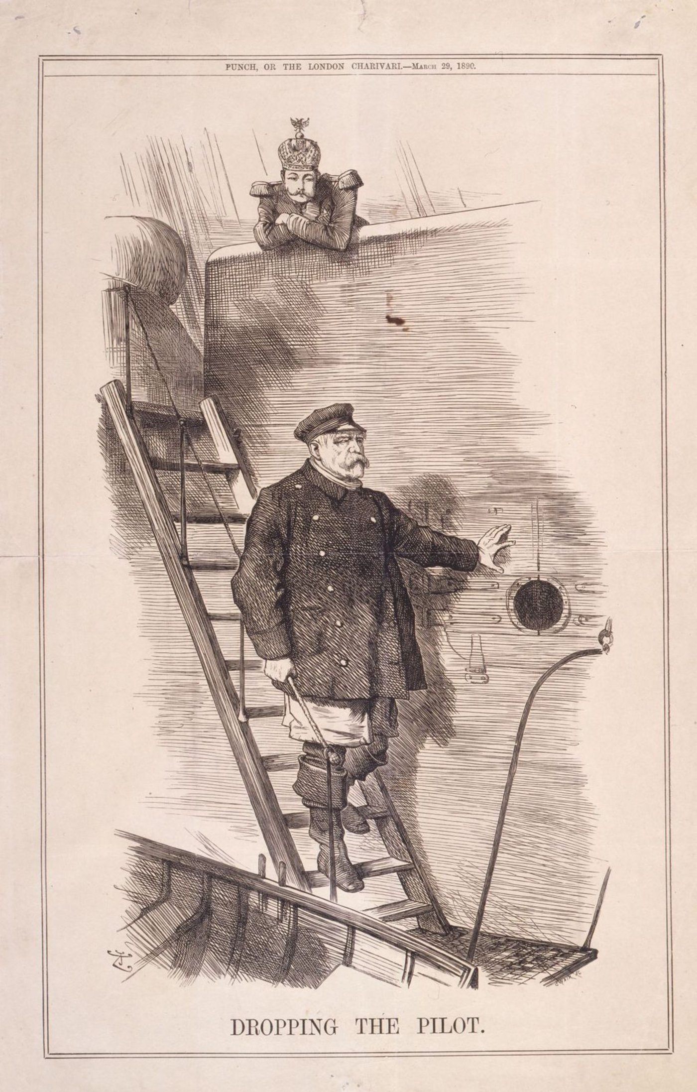 John Tenniel's 1890 Punch cartoon 'Dropping the Pilot,' showing Otto von Bismarck descending a ship's ladder while Kaiser Wilhelm II watches from the deck above