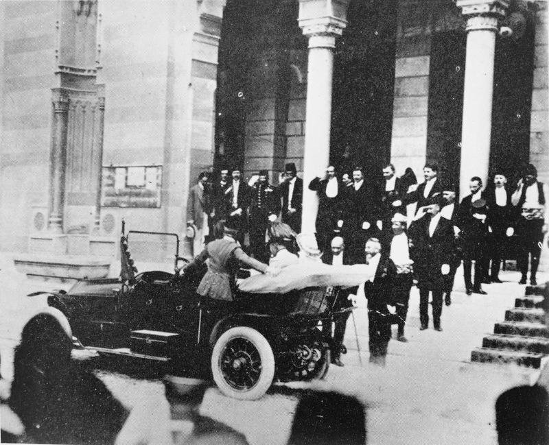 Archduke Franz Ferdinand and Duchess Sophie leaving Sarajevo City Hall and stepping toward their open car, shortly before 11 a.m. on June 28, 1914.