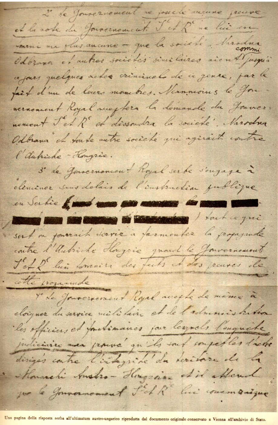 A page of the Serbian government's official written reply to the Austro-Hungarian ultimatum, delivered July 25, 1914.