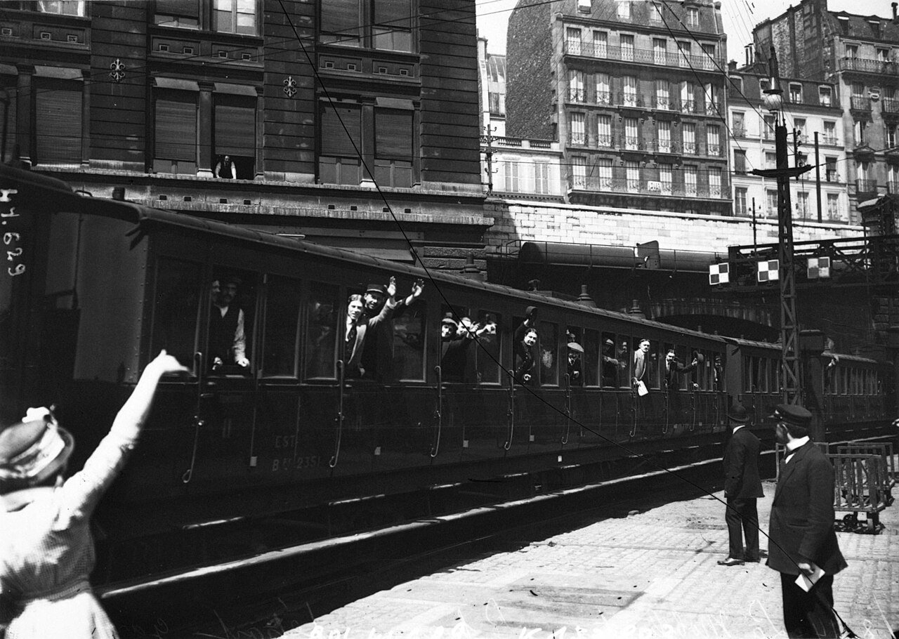 French reservists boarding the first mobilization trains at Gare de l'Est, Paris, August 2, 1914.