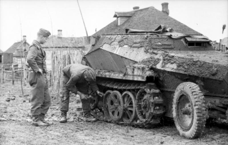 A German armored personnel carrier stuck in deep mud, Army Group Centre sector, October 1941.