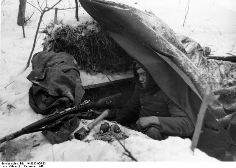 German soldiers in a winter field position, Russia, December 8, 1941, three days into the Soviet counteroffensive near Moscow.