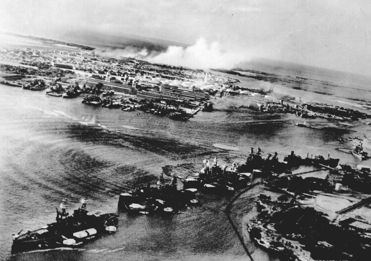 Battleship Row under torpedo attack, December 7, 1941, photographed by a Japanese aviator.