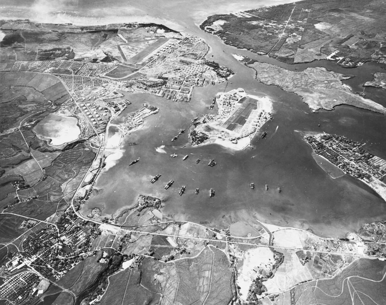Battleship Row moored calmly, October 30, 1941, five weeks before the attack.