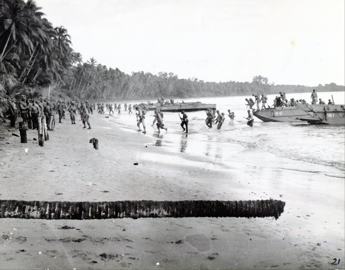 US Marine Raiders landing on the beach at Guadalcanal, Solomon Islands, August 1942.