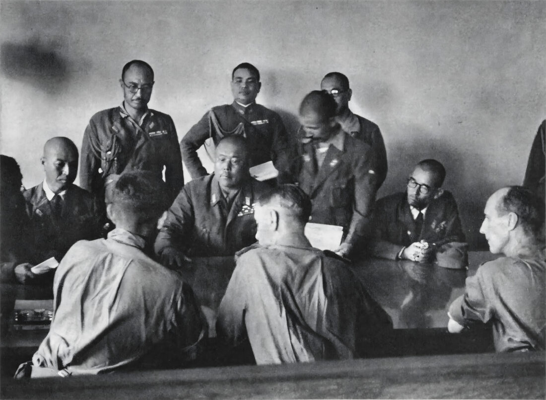 The surrender conference between British and Japanese officers at the Ford Motor Factory, Bukit Timah, Singapore, February 15, 1942.