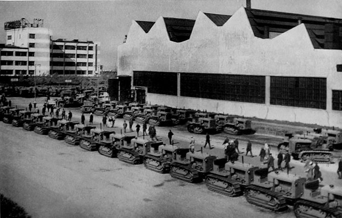 Tractors lined up before the Chelyabinsk Tractor Plant before the war.