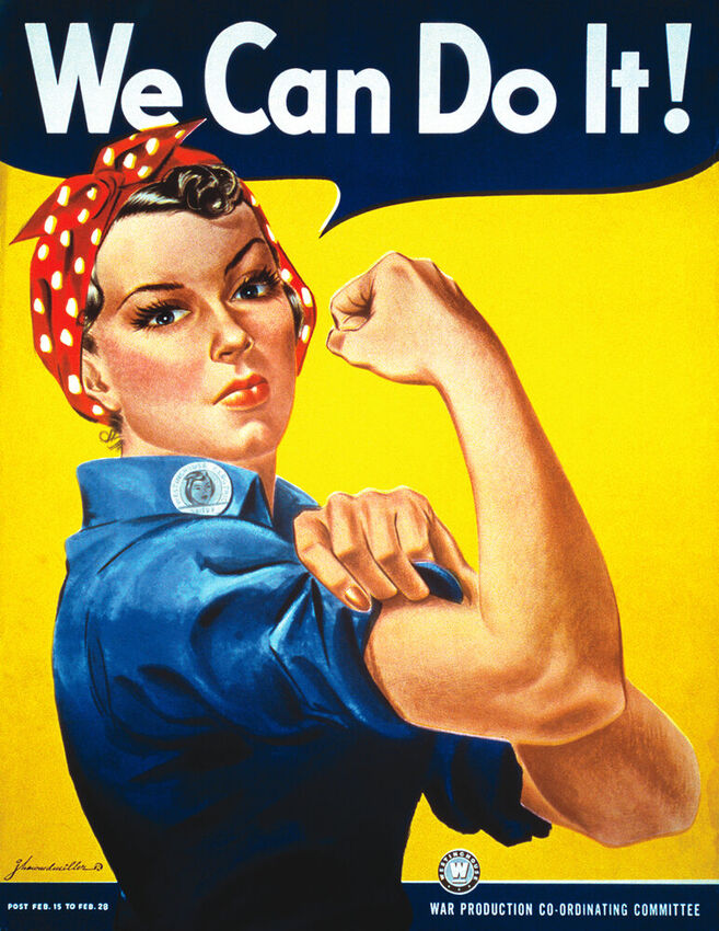 'We Can Do It!' poster by J. Howard Miller, 1942, showing a woman worker flexing her arm in a work shirt and red bandana.