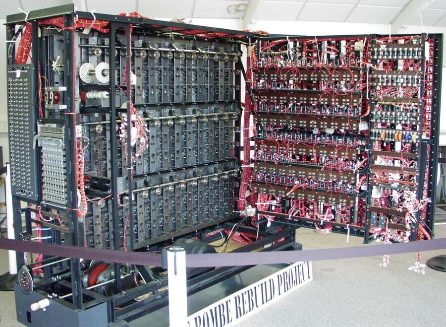 The Turing-Welchman Bombe rebuild, a working replica of the electromechanical codebreaking machine, on display at Bletchley Park museum.