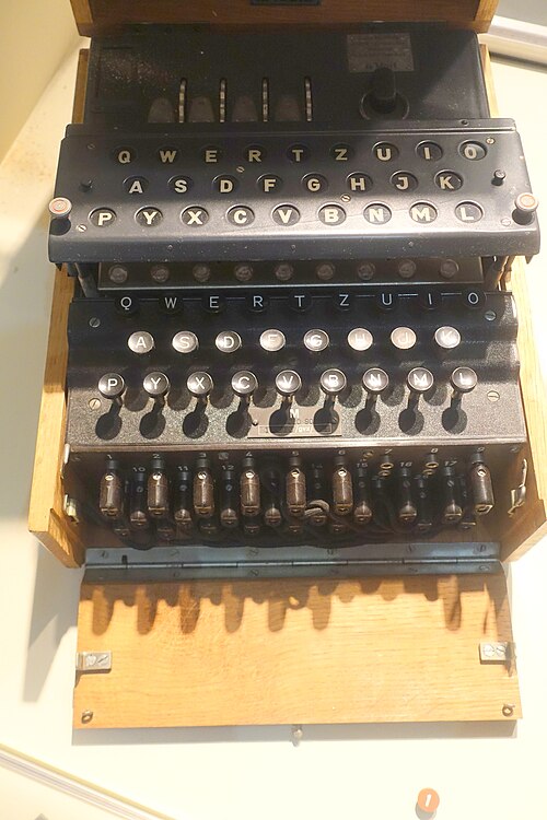 A four-rotor Naval Enigma cipher machine (M4) with remote display, on exhibit at the Museum of Science and Industry, Chicago.