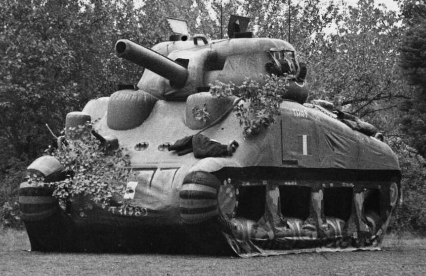 An inflatable dummy M4 Sherman tank of the kind used by the 23rd Headquarters Special Troops, the Ghost Army, in Allied deception operations around D-Day.