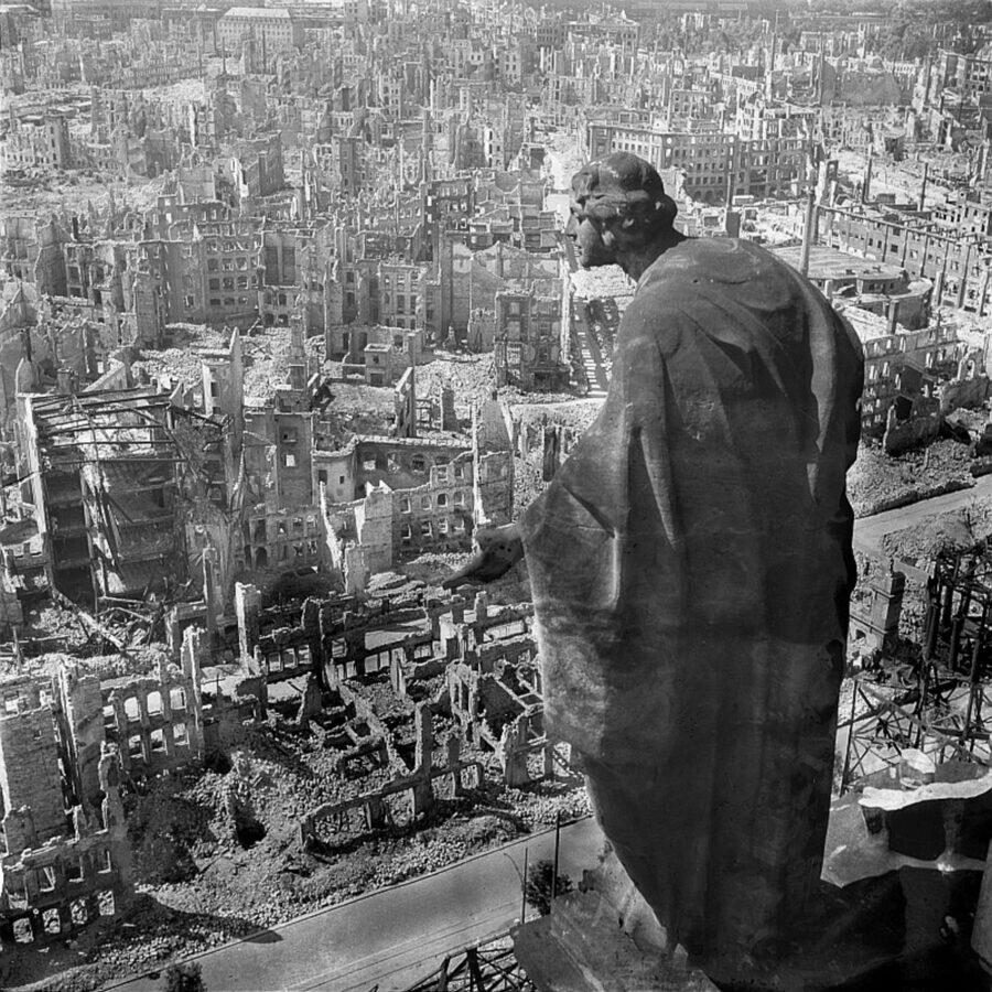 View from Dresden's town hall tower over the ruined city center, photographed by Richard Peter in 1945.