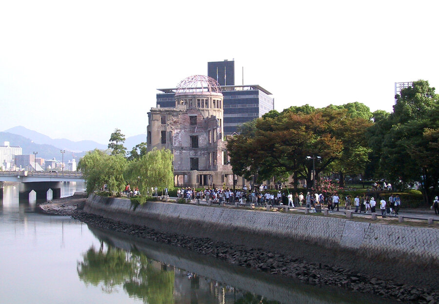 The Hiroshima Peace Memorial, known as the A-Bomb Dome, the preserved ruin of a building that stood almost directly beneath the detonation point.