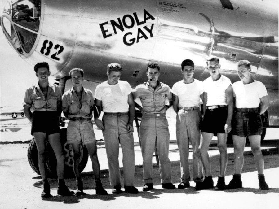 Colonel Paul Tibbets and the ground crew of the B-29 Enola Gay, Tinian, August 1945.