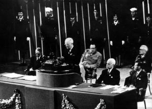 President Harry Truman addressing the closing session of the United Nations Conference on International Organization in San Francisco, June 26, 1945, the day the UN Charter was signed.