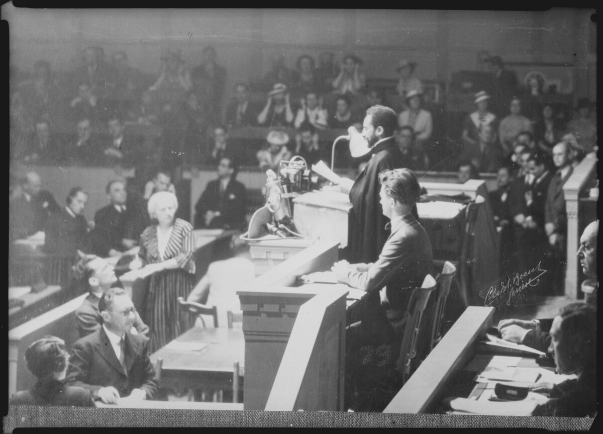Emperor Haile Selassie of Ethiopia addressing the League of Nations Assembly, Geneva, June 30, 1936.
