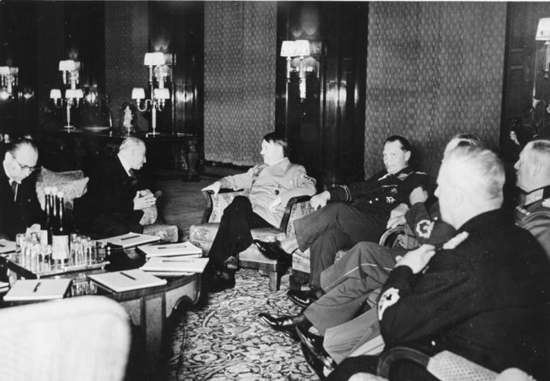 Czechoslovak President Emil Hácha in conversation with Adolf Hitler during the overnight Berlin meeting of March 14-15, 1939.