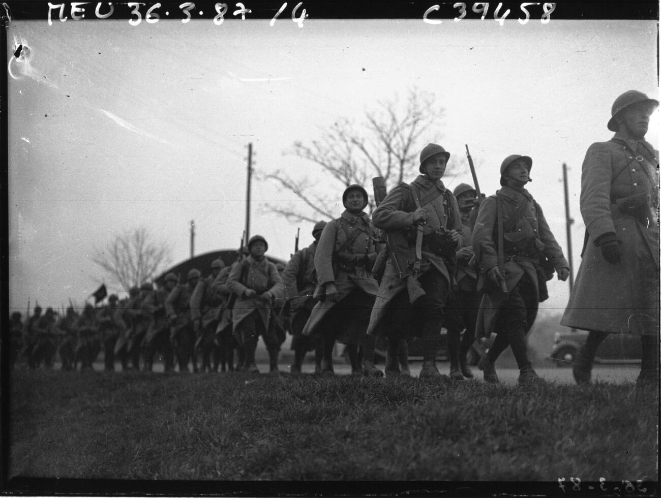 A French Chasseurs à pied battalion moving toward the Rhine frontier near Strasbourg, in response to Germany's remilitarization of the Rhineland, March 1936.