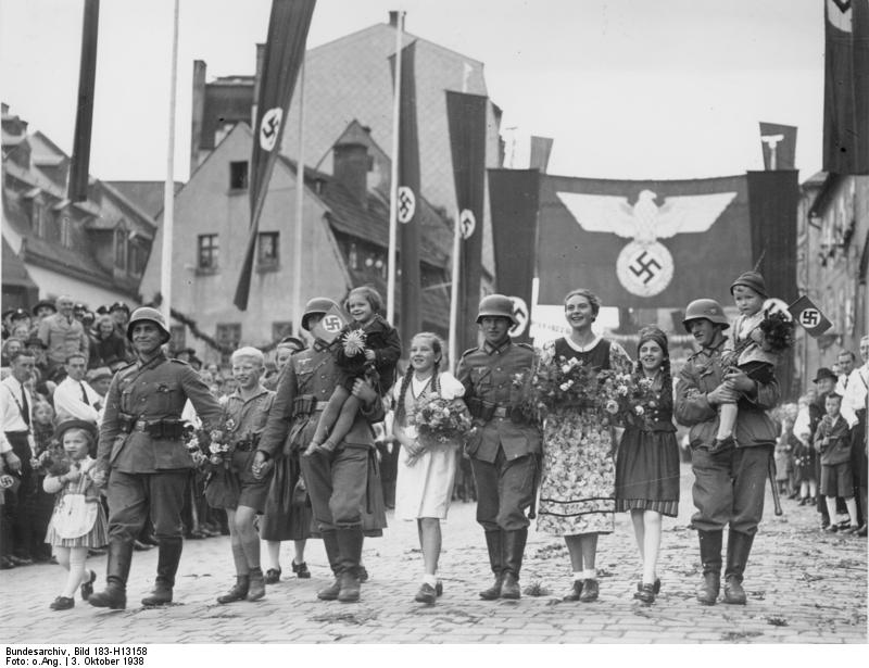 German troops entering Aš, in the western Sudetenland, during the handover of the ceded territory following the Munich Agreement, October 3, 1938.