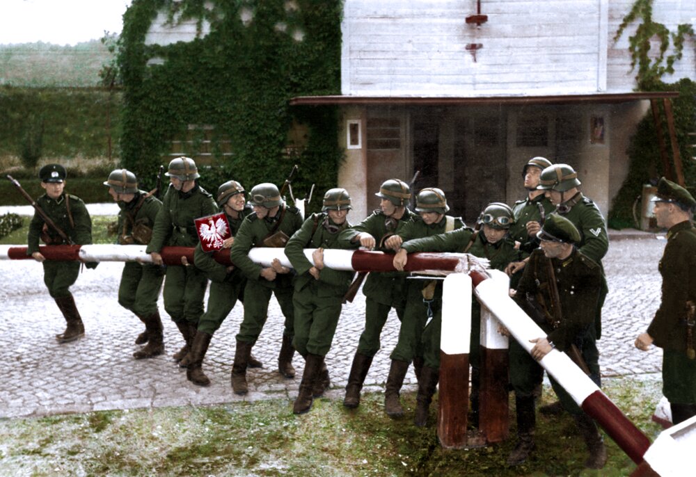 German soldiers removing a Polish border crossing barrier at Sopot during the first stages of the invasion of Poland, September 1, 1939.
