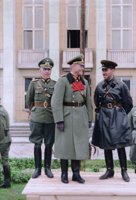 General Heinz Guderian and Soviet brigade commander Semyon Krivoshein reviewing troops together at the joint German-Soviet military parade in Brest-Litovsk, September 22, 1939.
