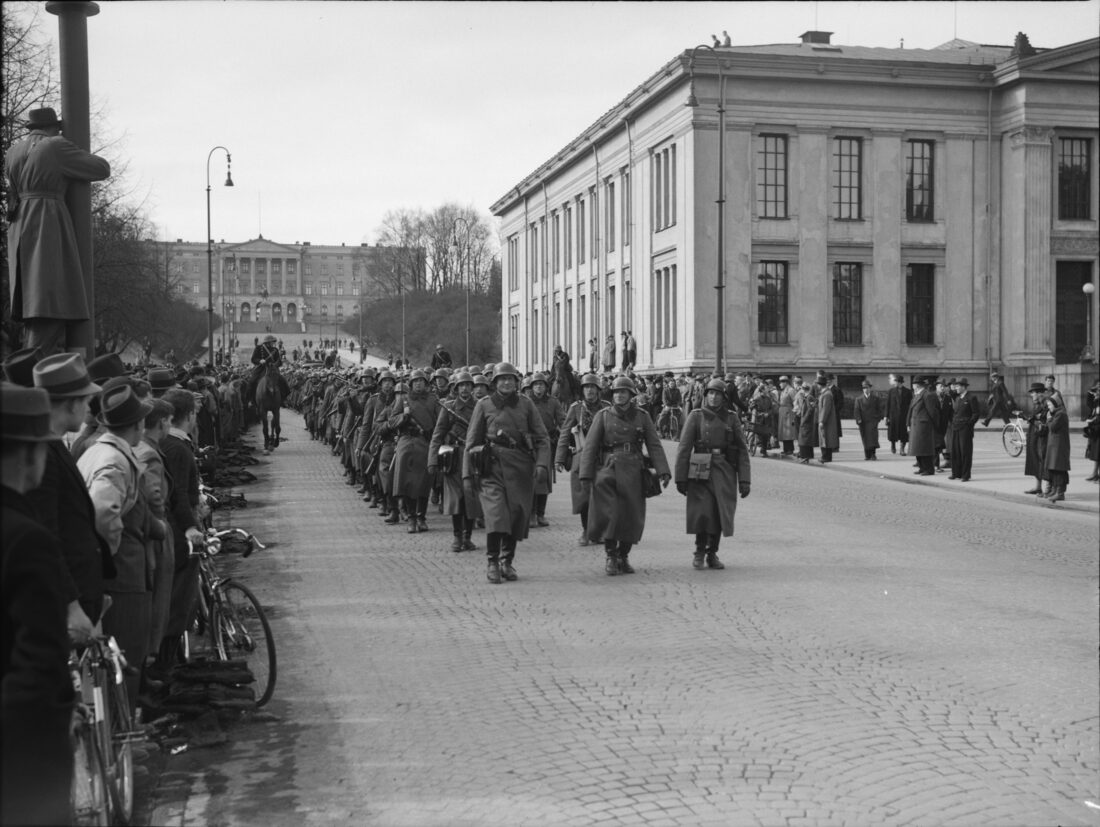 German soldiers marching through the streets of Oslo, Norway, on April 9, 1940, the day of the invasion.