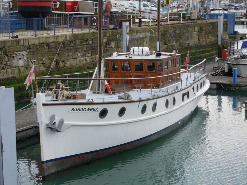 The motor yacht Sundowner, sailed to Dunkirk in 1940 by Titanic survivor Charles Lightoller, photographed in Ramsgate Harbour, Kent, where she is preserved today.