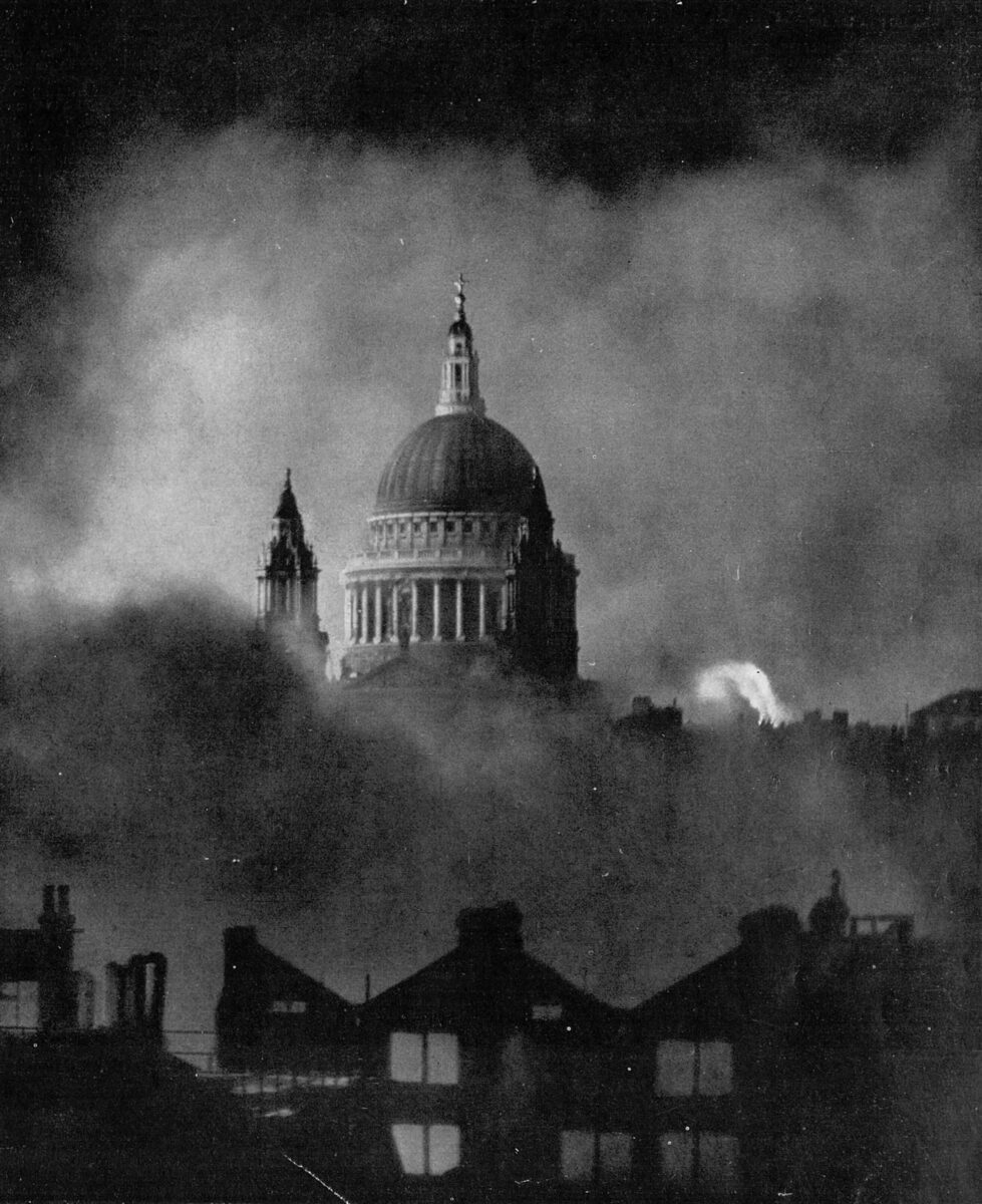 St Paul's Cathedral standing amid smoke during the firestorm raid of December 29, 1940 — the Second Great Fire of London.